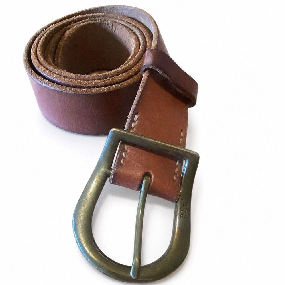 Ralph Lauren Mens Brown Leather Belt Brass Buckle Made USA XL Western Casual